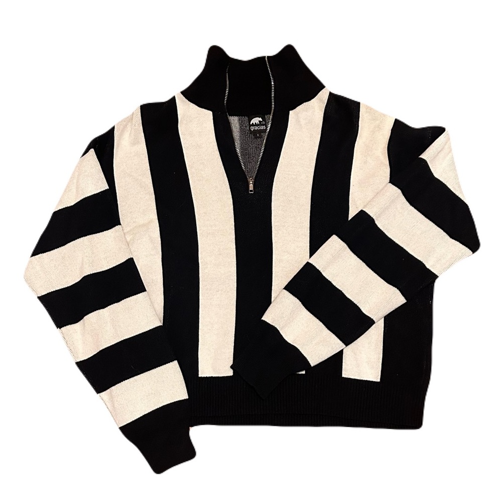 Women's Cropped Striped Black and White Quarter-zip Sweater 100% Cotton Large